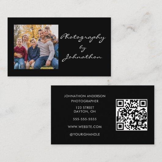 Moderne Zwarte Script Foto QR Code Fotografie Visitekaartje (Voorkant / Achterkant)