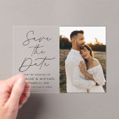 Moderne Zwarte Script Foto Save The Date Acryl Uitnodigingen (Insitu (Draagbaar))