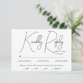 Moderne zwarte script kalligrafie witte bruiloft RSVP kaartje (Staand voorkant)