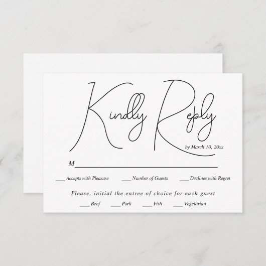 Moderne zwarte script kalligrafie witte bruiloft RSVP kaartje (Voorkant / Achterkant)
