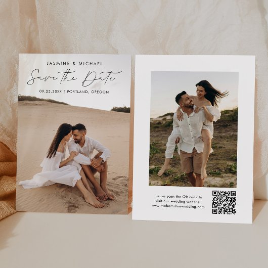 Moderne Zwarte Script QR Code 2 Foto Save The Date