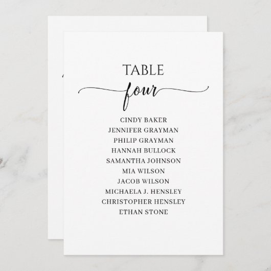 Moderne Zwarte Script Tafel Nummer 4 Stoelenplatte Kaart (Voorkant / Achterkant)