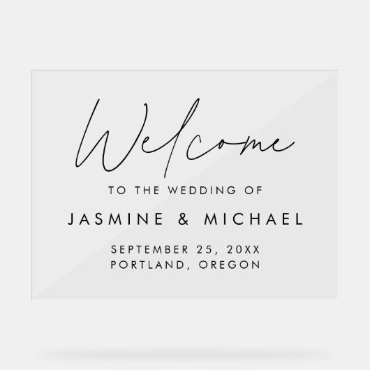 Moderne Zwarte Script Trouw Welkom Acryl Bord (Voorkant)