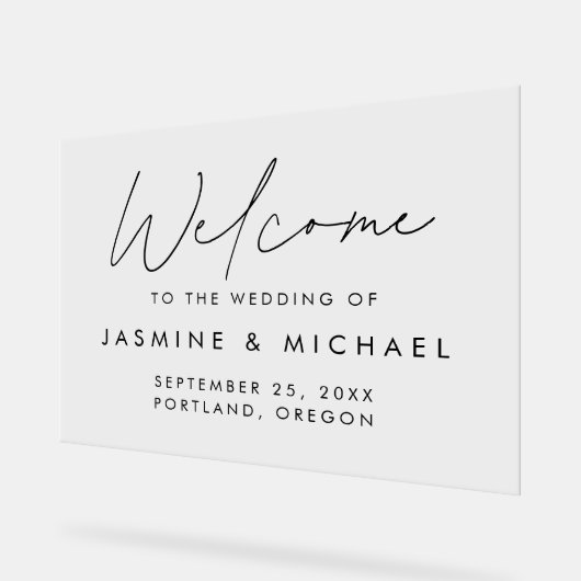 Moderne Zwarte Script Trouw Welkom Acryl Bord (Hoek)