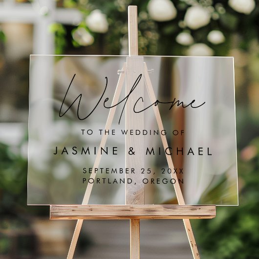 Moderne Zwarte Script Trouw Welkom Acryl Bord