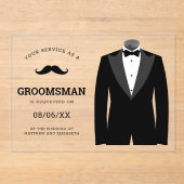 Moderne zwarte smoking bruidsjonker verzoek acryl uitnodigingen (Voorkant)