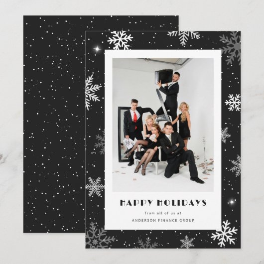 Moderne Zwarte Sneeuwvlok Foto Zakelijk Feestdagenkaart (Voorkant / Achterkant)