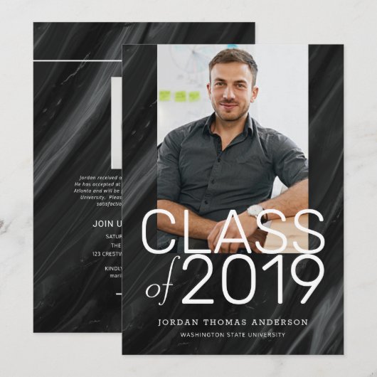 Moderne zwarte, stapelbare tekst Afstuderen Foto Aankondiging (Voorkant / Achterkant)