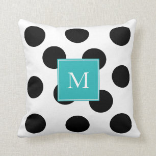 Moderne zwarte stippen strepen blauwgroen monogram kussen