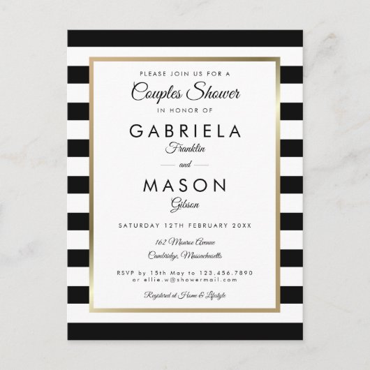 Moderne Zwarte Streep Gouden Koppels Bruisfeest Uitnodiging Briefkaart (Voorkant)