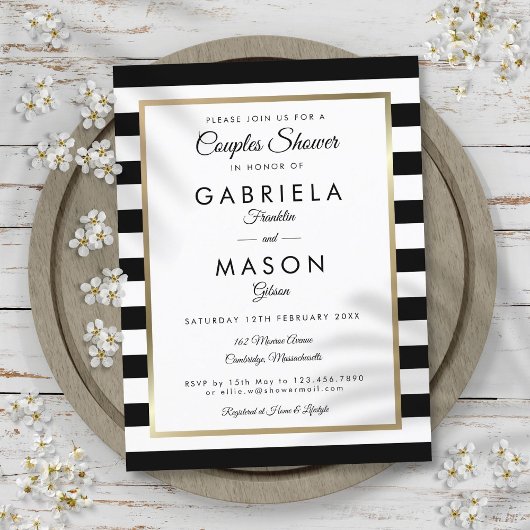 Moderne Zwarte Streep Gouden Koppels Bruisfeest Uitnodiging Briefkaart