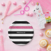 Moderne zwarte strepen FAUX roze Glitz en naam Papieren Bordje (Feest)