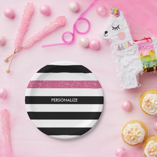 Moderne zwarte strepen FAUX roze Glitz en naam Papieren Bordje (Feest)