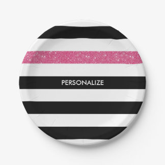 Moderne zwarte strepen FAUX roze Glitz en naam Papieren Bordje