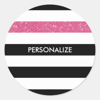 Moderne zwarte strepen FAUX roze Glitz en naam Ronde Sticker