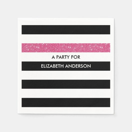 Moderne zwarte strepen FAUX roze Glitz en naam Servetten (Voorkant)