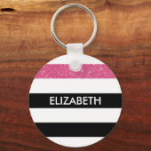 Moderne zwarte strepen FAUX roze Glitz en naam Sleutelhanger (Voorkant)