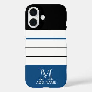 Moderne zwarte strepen met monogram naam iPhone 16 hoesje