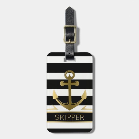 Moderne zwarte strepes Gold Nautical Anchor Bagagelabel (Voorkant verticaal)