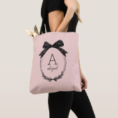 Moderne Zwarte Strik Elegante Blush Roze Monogram Tote Bag (Dichtbij)