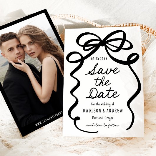 Moderne Zwarte Strik Foto Bruiloft Save The Date