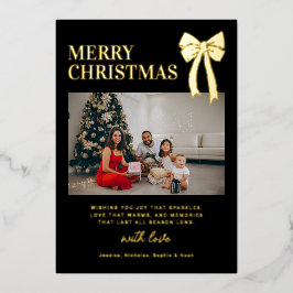 Moderne Zwarte Strik Foto Kerst Goud Folie Feestdagenkaart
