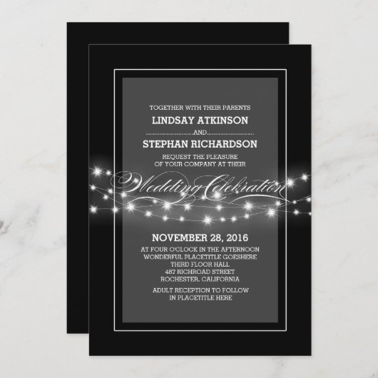 Moderne zwarte string lichten bruiloft uitnodiging (Voorkant / Achterkant)