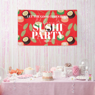 Moderne Zwarte Sushi Feest Rolls Verjaardag Rood Spandoek