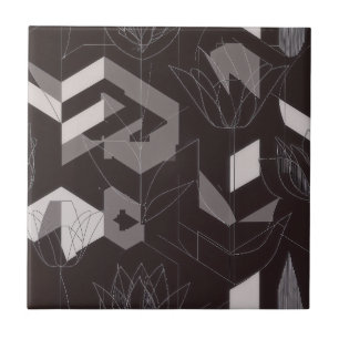 Moderne Zwarte Taupe Tulp Geometrisch Bloemmotief Tegeltje