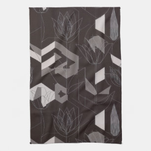 Moderne Zwarte Taupe Tulp Geometrisch Bloempatroon Theedoek