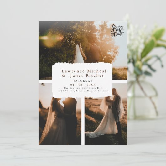 Moderne zwarte te 3 Foto minimalistisch verzoek Save The Date (Staand voorkant)