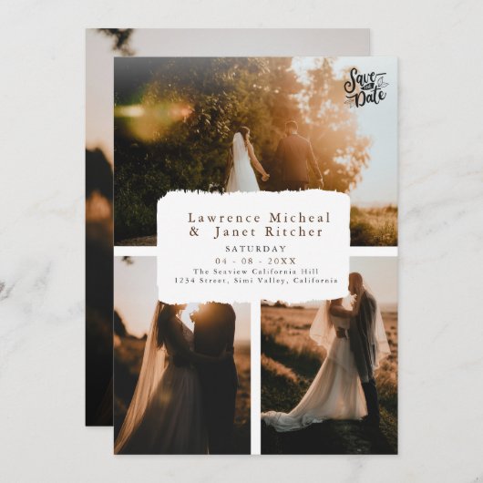 Moderne zwarte te 3 Foto minimalistisch verzoek Save The Date (Voorkant / Achterkant)