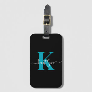 Moderne Zwarte Teal Script Monogram Bagagelabel