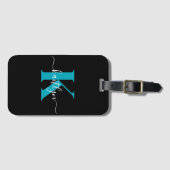 Moderne Zwarte Teal Script Monogram Bagagelabel (Voorkant (horizontaal))