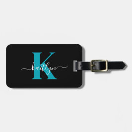 Moderne Zwarte Teal Script Monogram Bagagelabel