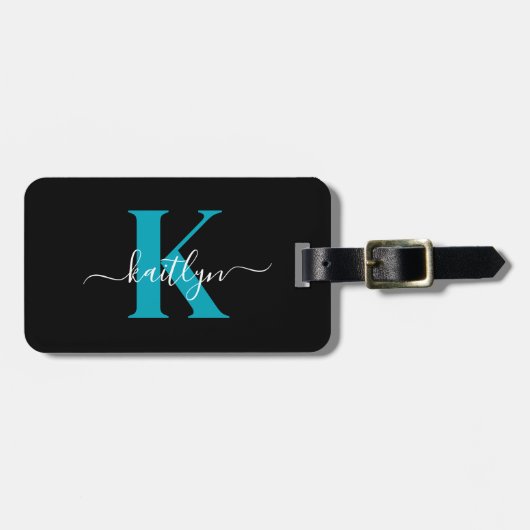 Moderne Zwarte Teal Script Monogram Bagagelabel (Voorkant horizontaal)