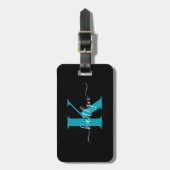Moderne Zwarte Teal Script Monogram Bagagelabel (Voorkant verticaal)