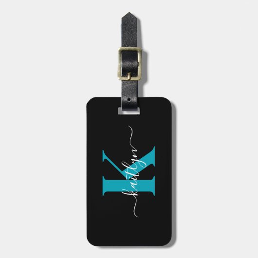 Moderne Zwarte Teal Script Monogram Bagagelabel (Voorkant verticaal)