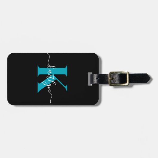 Moderne Zwarte Teal Script Monogram Bagagelabel (Voorkant horizontaal)