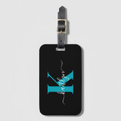 Moderne Zwarte Teal Script Monogram Bagagelabel (Voorkant (verticaal))
