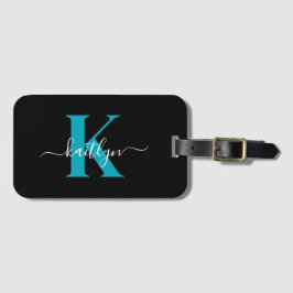 Moderne Zwarte Teal Script Monogram Bagagelabel