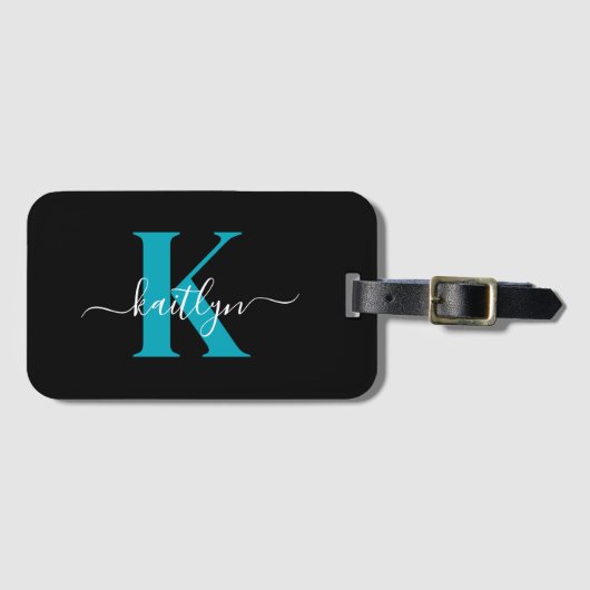 Moderne Zwarte Teal Script Monogram Bagagelabel (Voorkant (horizontaal))