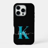 Moderne Zwarte Teal Script Monogram iPhone Hoesje (Achterkant)