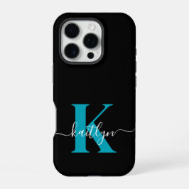 Moderne Zwarte Teal Script Monogram iPhone 16 Pro Hoesje
