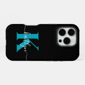 Moderne Zwarte Teal Script Monogram iPhone Hoesje (Achterkant horizontaal)
