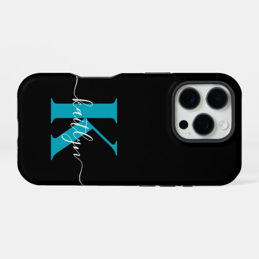 Moderne Zwarte Teal Script Monogram iPhone Hoesje (Achterkant horizontaal)