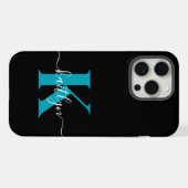 Moderne Zwarte Teal Script Monogram iPhone Hoesje (Achterkant horizontaal)