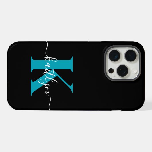 Moderne Zwarte Teal Script Monogram iPhone Hoesje (Achterkant horizontaal)