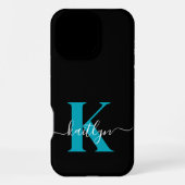 Moderne Zwarte Teal Script Monogram iPhone Hoesje (Achterkant)