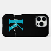 Moderne Zwarte Teal Script Monogram iPhone Hoesje (Achterkant horizontaal)